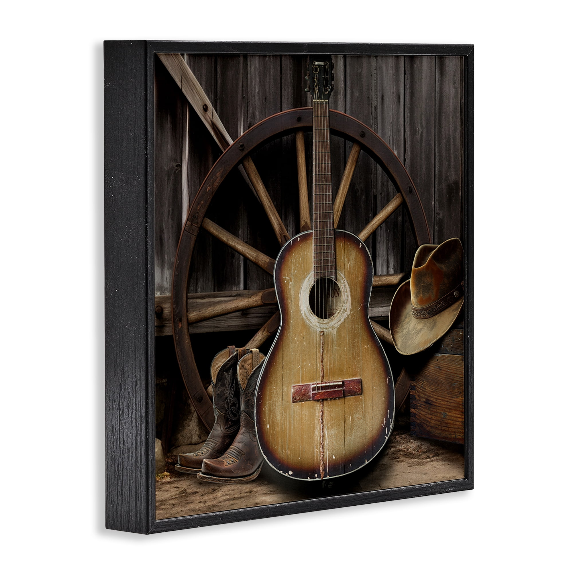 Stupell Industries Rustic Western Guitar with Hat Black Framed Giclee Art, design by CAD Designs