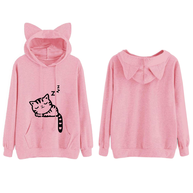 Women's casual jacket, autumn cute cat print with hat sweater jacket casual jacket - image 1 of 3