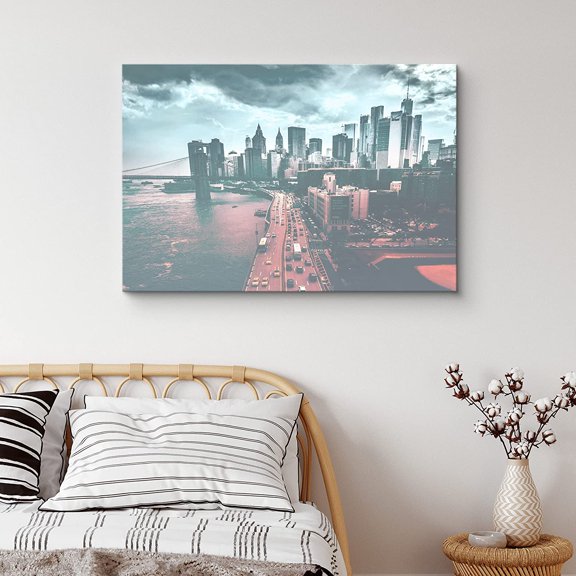 PixonSign Canvas Print Wall Art Vintage Film-Grain City on The Bay Architecture & Maps Cities Photography Realism Chic Scenic Colorful Blue Neon for Living Room, Bedroom, Office - 12"x18"