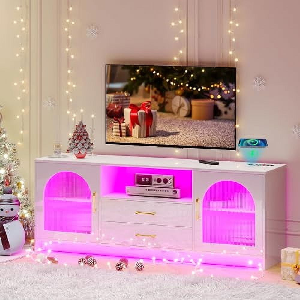 Gurexl RGB TV Stand with Wireless Charging Station for TVs up to 75 Inch,Human Sensor LED TV Cabinet with USB&Type-C Ports,24 Color Dimmable Television Stand with Drawers & Storage Cabinet