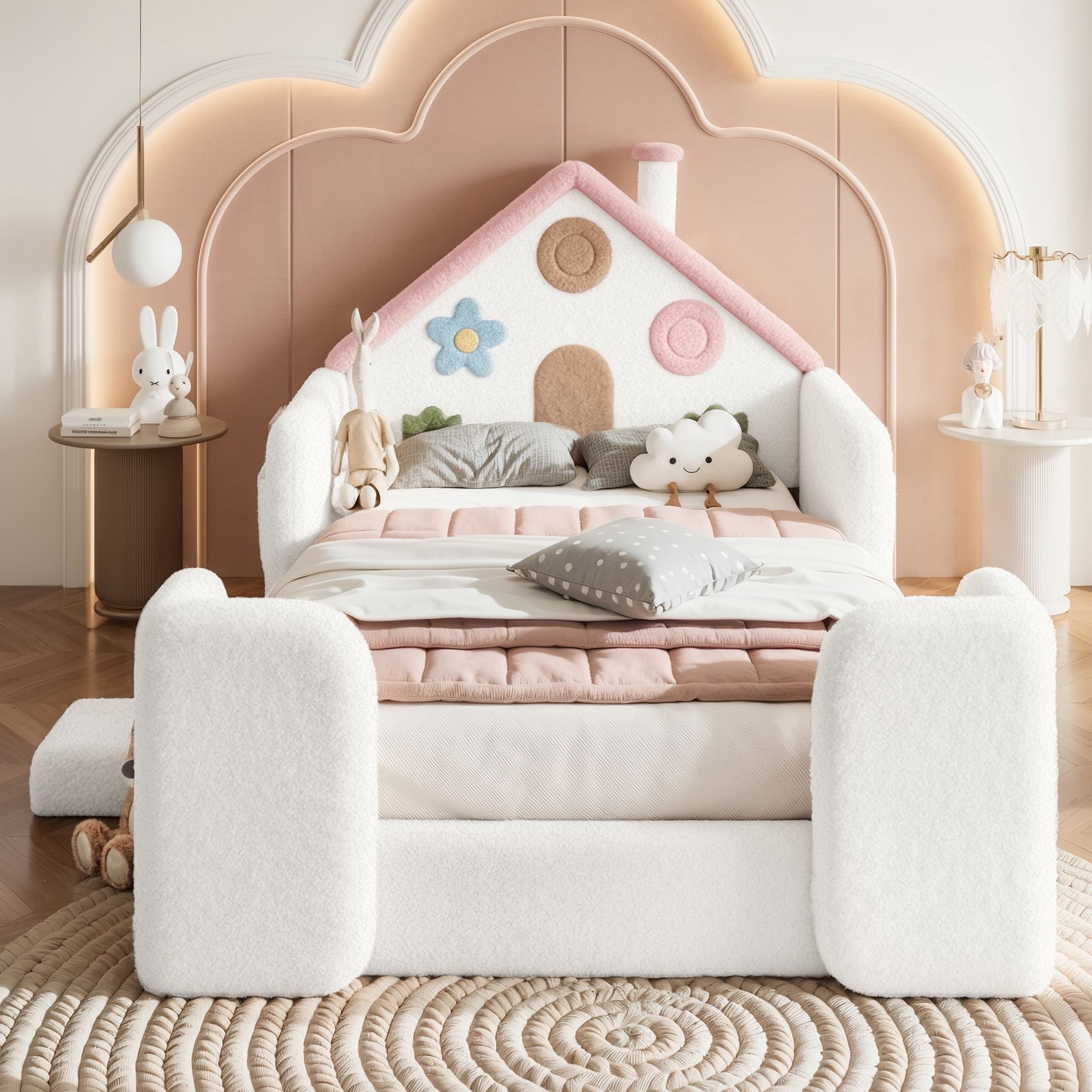 HOQBN Twin House Shaped Upholstered Floor Bed, Upholstered Kids Bed with Safety Side Rails, Low Floor Playhouse Bed for Nursery & Kids Bedroom White & Pink