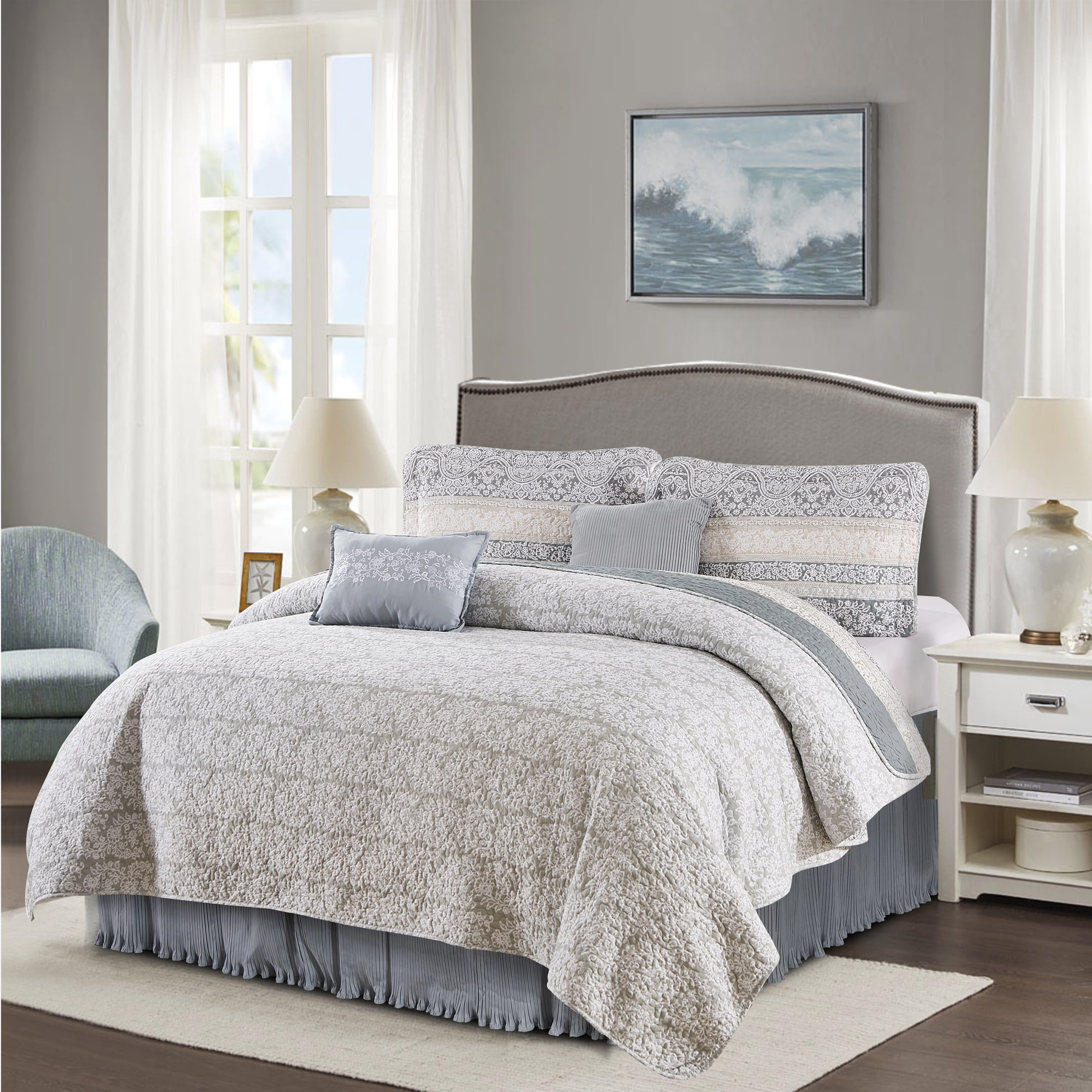 Home Soft Things 6 Piece Marchesa Printed Quilt Set with bedskirt, Queen (90" x 90")