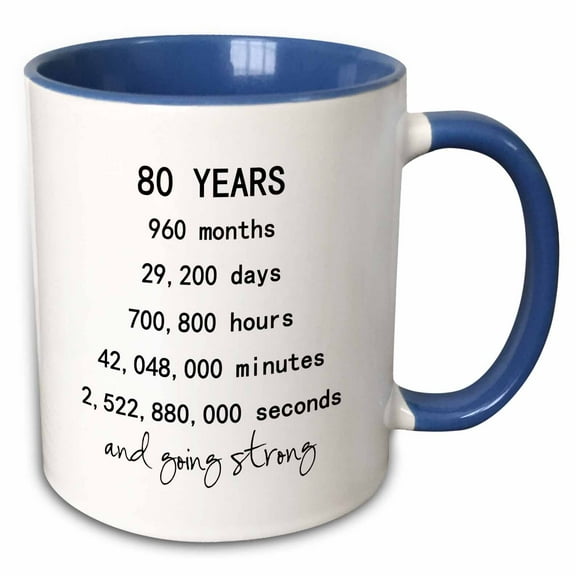 3drose, 80 Years in Months Days Hours Minutes and Going Strong 80th Birthday, 11oz Two-tone Blue Mug