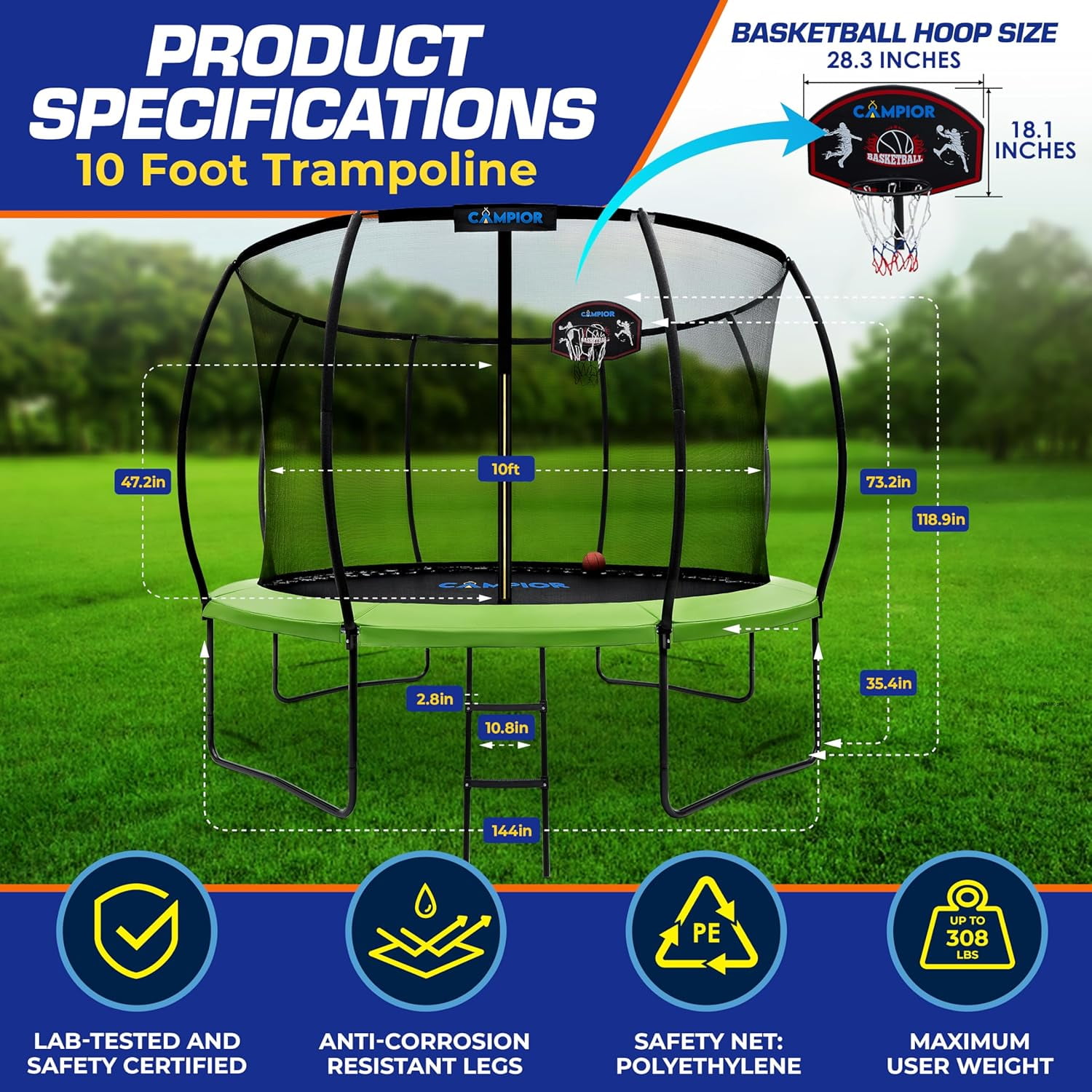 Campior Pumpkin Trampoline with Hoop & Enclosure – Durable, Safe, Waterproof, Backyard Fun - Black 10FT