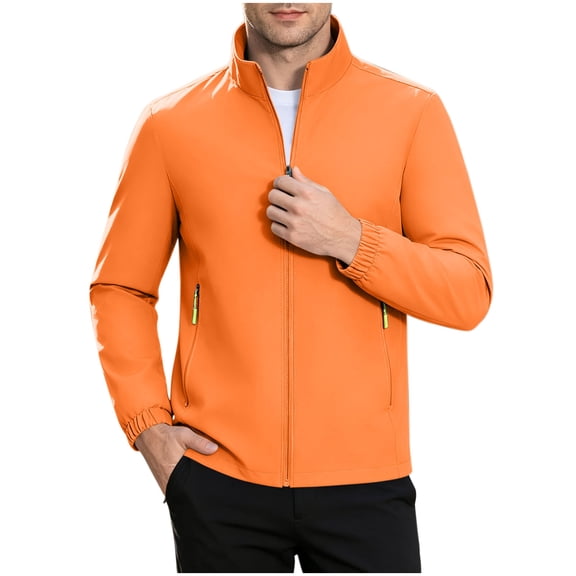 TRUNZI Water‑Resistant Jackets for Men Zip Up Long Sleeves Stand Collar Lightweight Elastic Cuff Windbreaker Casual Outerwear with Zipper Pockets,Orange,Size L