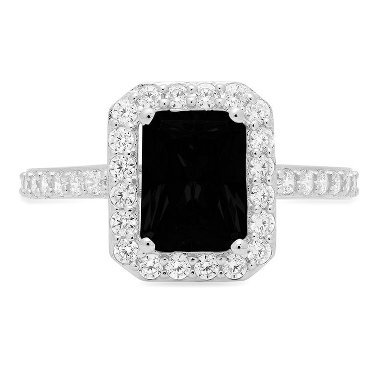 2.07ct Emerald Cut Black Natural Onyx 14k White Gold Engraving Statement  Bridal Anniversary Engagement Wedding halo Ring Size 10.25