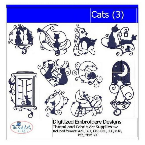 Cats(3) Embroidery Designs - All Popular Formats Included - Loaded on USB Stick
