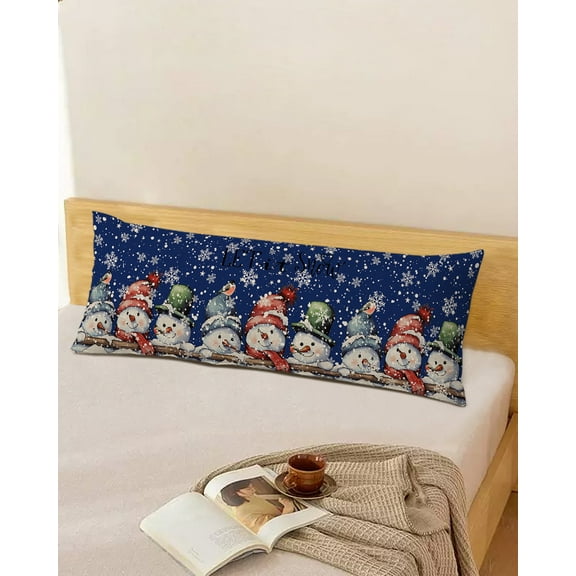 Winter Snowman Throw Pillow Cover, Blue Farmhouse Christmas Snowflake Rectangle Decorative Pillow Case Protector Soft Cushion Cover Lumbar Pillowcase for Couch Sofa Bedroom Car Chair Decor 20x54 Inch