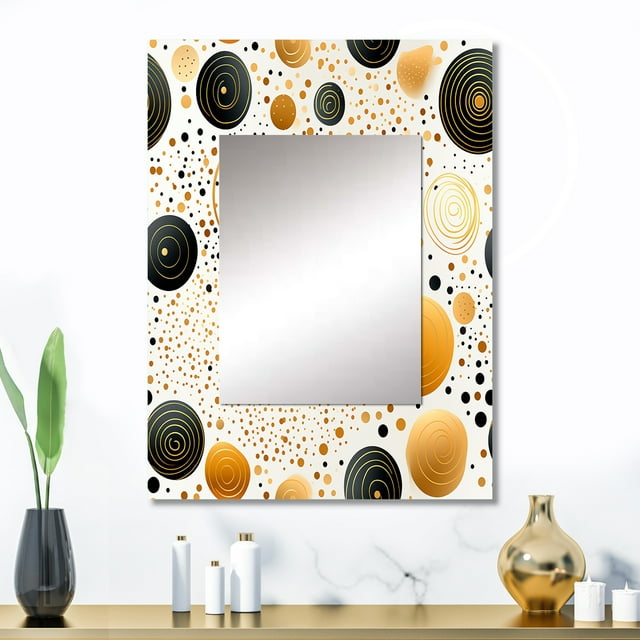 Designart "Polka Dots In Gold I" Geometric Wall Mirror, Printed Black Wall Mirror, Modern Bathroom Wall Mirror, Decorative Geometric Mirror - 24x32 Inch