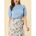 thumbnail image 5 of MODA NOVA Junior's Puff Shoulder Collarless Ruffle Keyhole Back Short Sleeve Blouse Blue S, 5 of 5