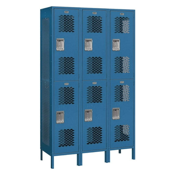 15" Wide Double Tier Vented Metal Locker - 3 Wide - 6 Feet High - 18 Inches Deep - Blue - Assembled