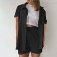 thumbnail image 2 of mihongmao 2 Piece Lounge Set Women Airport Travel Outfit Women's Summer Two Piece Neck Long Sleeve Shirt High Waist Drawstring Large Shorts Casual Set Black L, 2 of 4