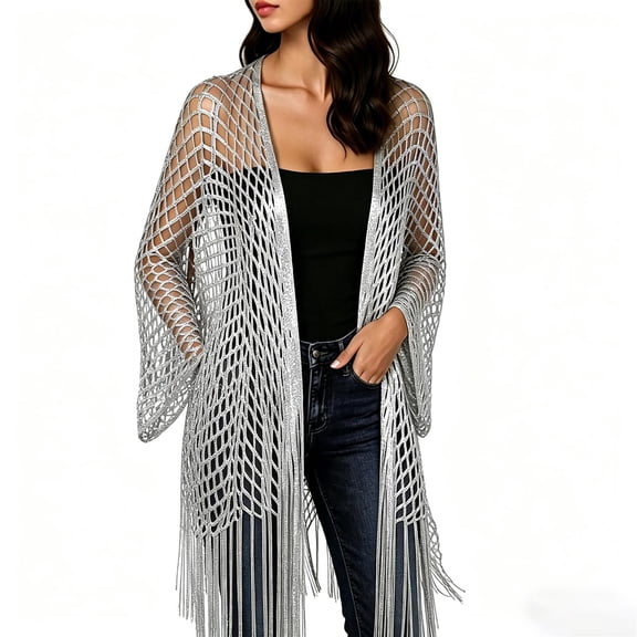 Gamivast Metallic Mesh Cardigan for Women Open Front Sheer Cover Up with Fringe Tassels Long Sleeve Lightweight Boho Duster for Beach Vacation Party Concert Outfits Silver Free Size