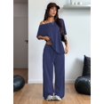 thumbnail image 4 of Women's 2 Piece Lounge Sets Off Shoulder Oversized Short Sleeve Tops Casual Wide Leg Pant Set Dark Blue M, 4 of 8
