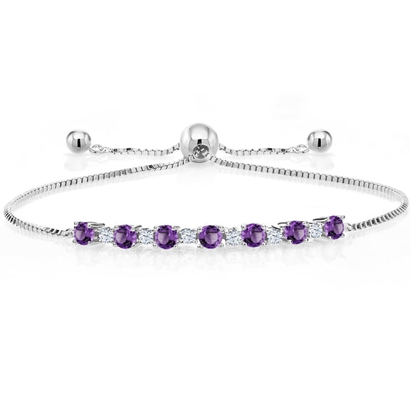 Gem Stone King 925 Sterling Silver Purple Amethyst Women Adjustable Tennis Bracelet (0.88 Ct Round Cut)