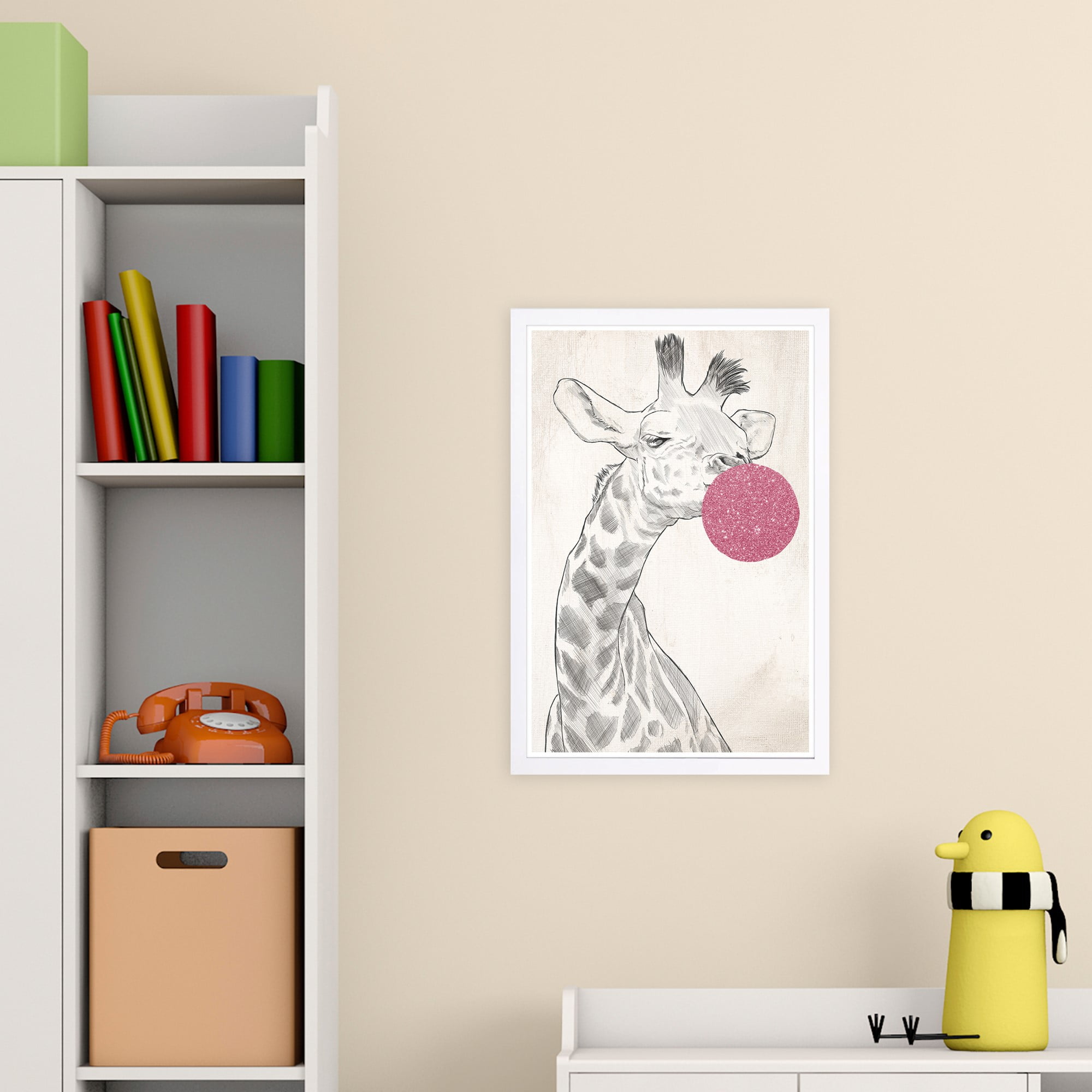 Wynwood Studio 'Glitter BubbleGum Giraffe' Animals Framed Wall Art Print - Pink, Black