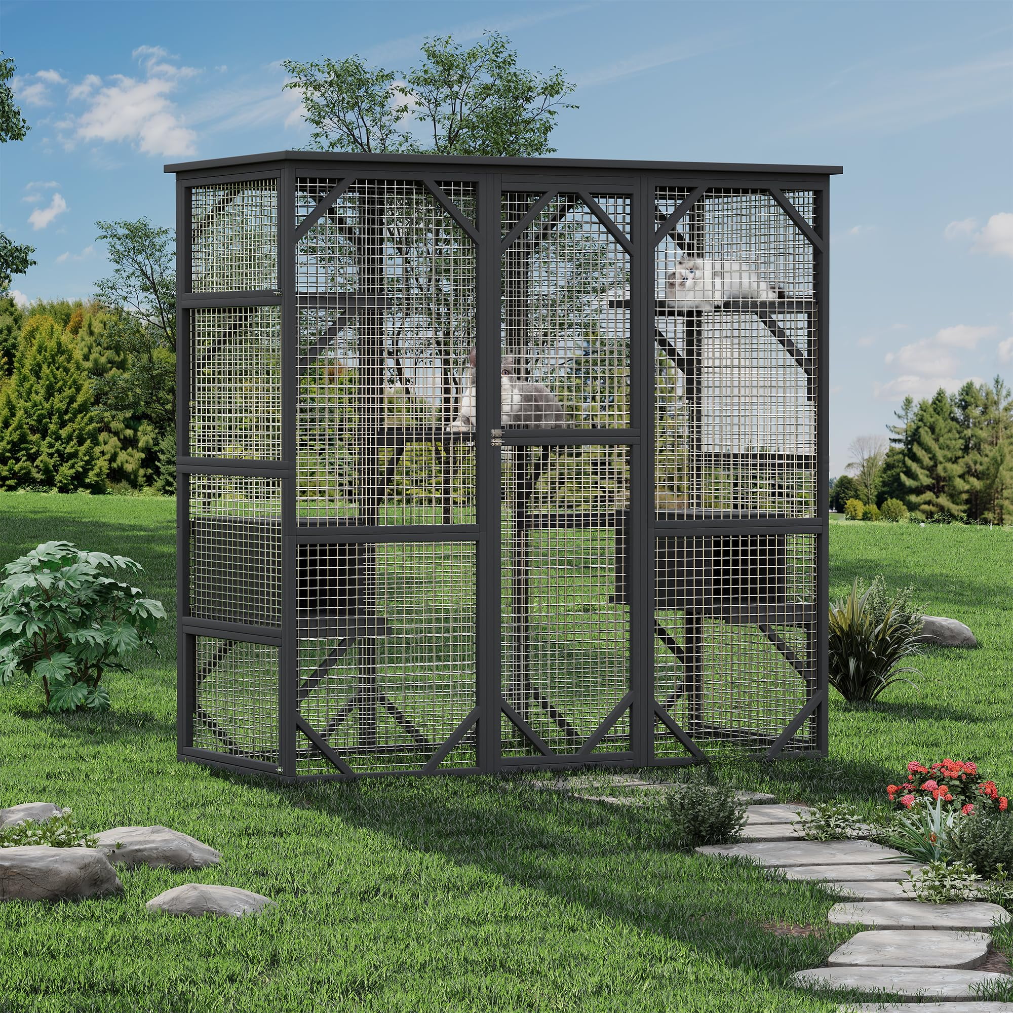 Large Wooden Outdoor Catio Enclosure with Window Acces, Spacious Outdoor Cat House for Patio & Backyard, Indoor Cat Playpen