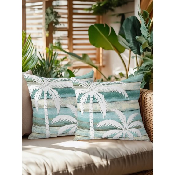 Outdoor Pillows Waterproof, Palm Tree Bedding Throw Pillows with Insert for Couch Sofa Bed, Coastal Tropical Coconut Plants Green Wooden 16x16 Inch Pillowcases Decorative Patio Pillow Set of 2