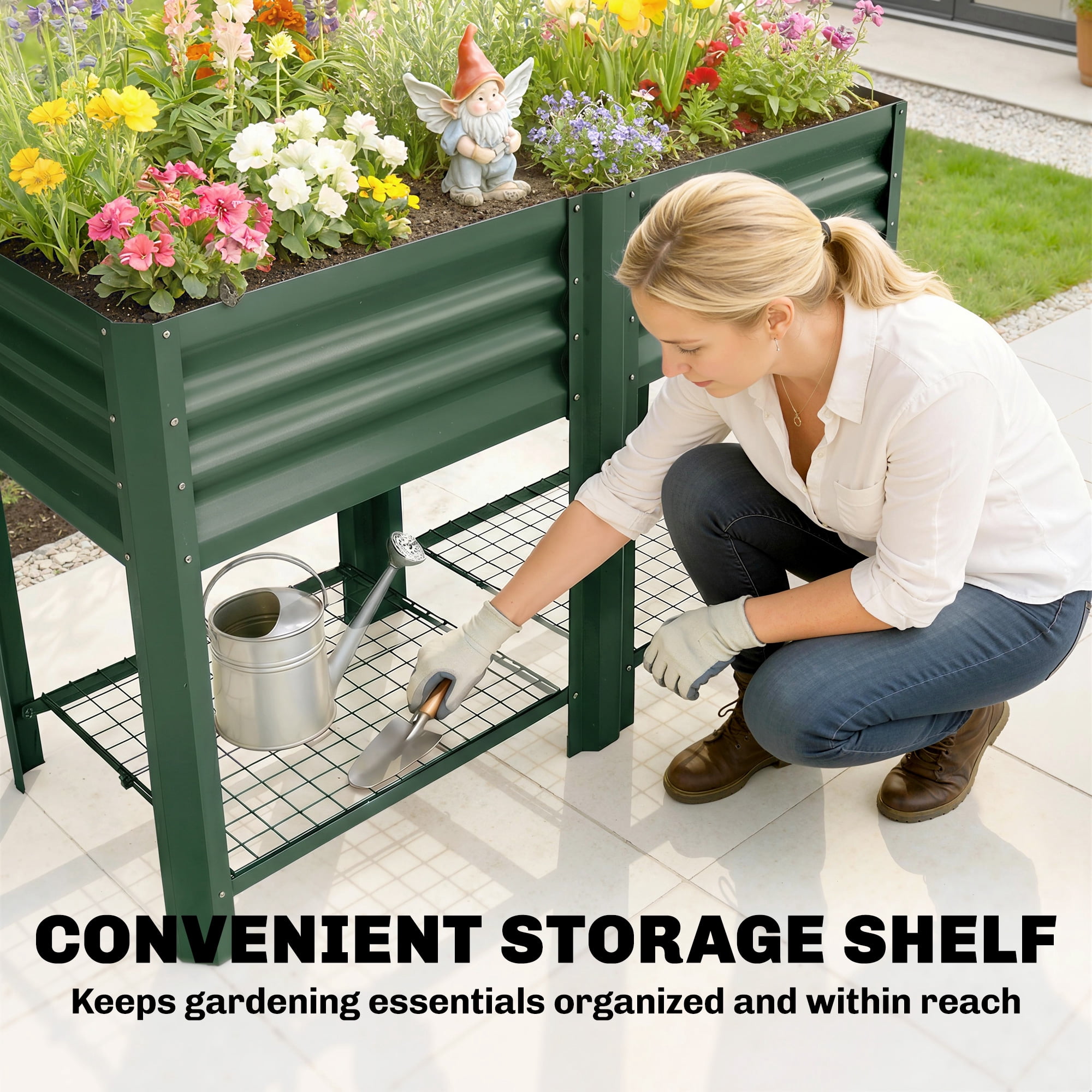 Outsunny Raised Garden Bed Galvanized Steel, Elevated Planter Box with Storage Shelf, Bed Liner, Green