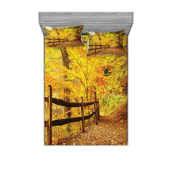 Ambesonne Landscape Fitted Sheet & Pillow Sham Set, Fall Trees Leaf Road, Queen, Ginger Yellow Marigold