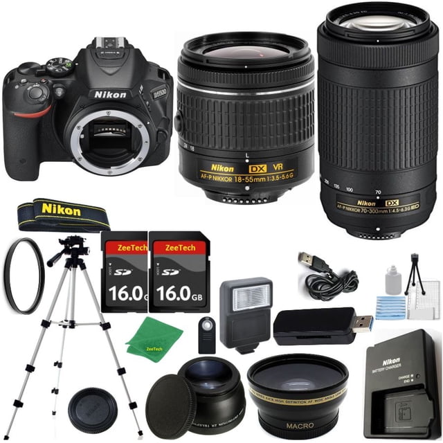 Cámara Réflex NIKON D5500 DX - Vers. Intl. + Lente AF-P 18-55 Mm + AFP DX 70-300 Mm + KIT Inicio + Trípode + 2 Tarj. SD 16 Gb + Lector + Estuche + Gran Angular + TELE + FLASH