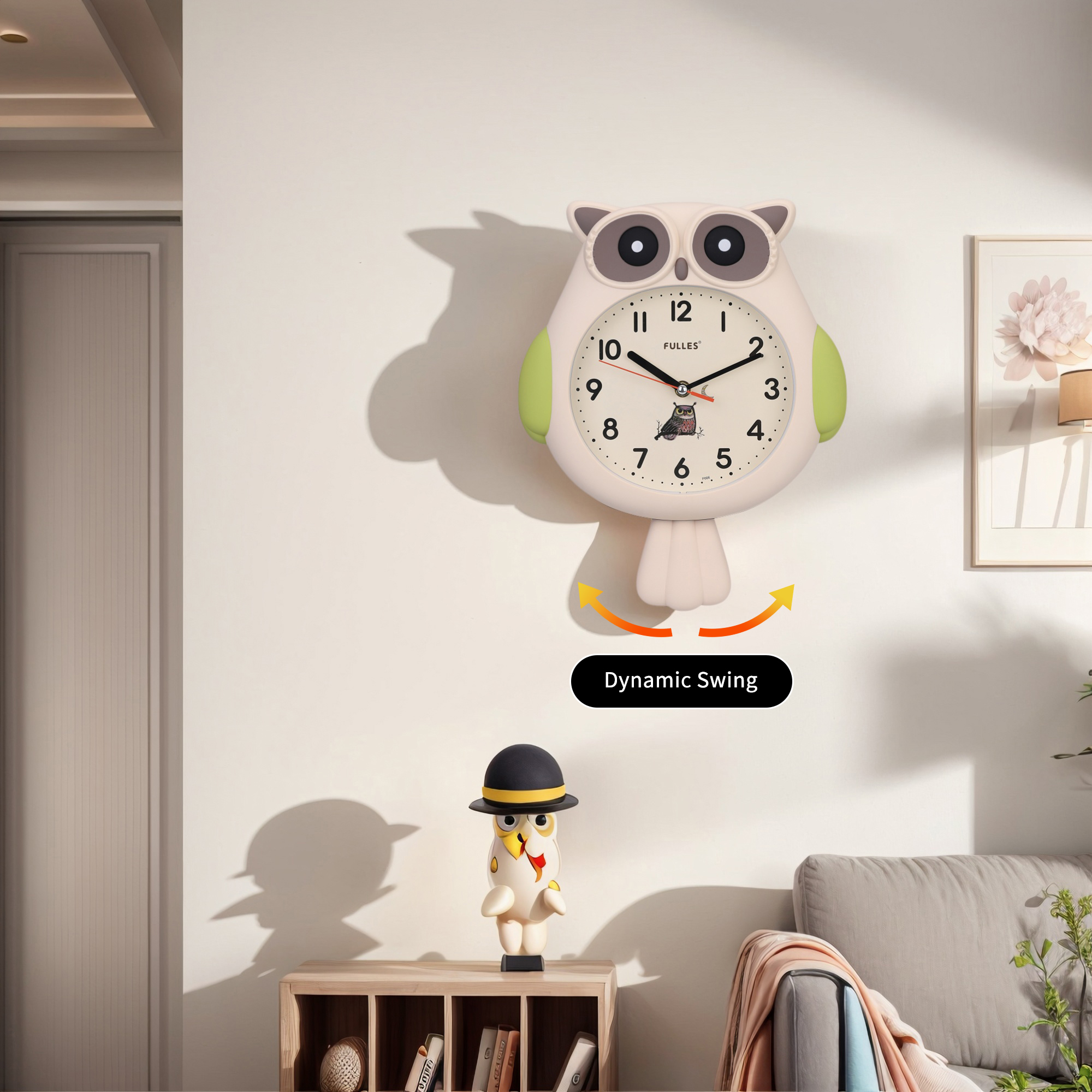 Unique Bargains 1pc Lovely Owl Silent Non Ticking Wall Clock 15" x 15" x 2.8" Beige