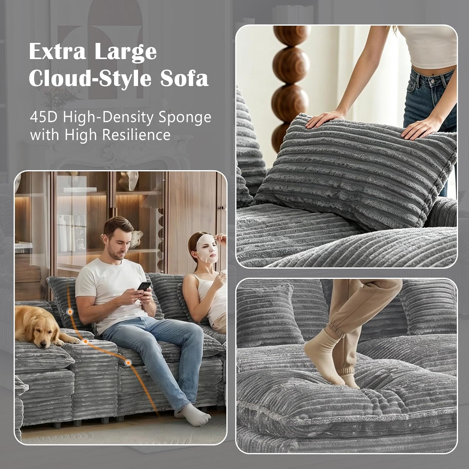Howcool 145" U Shaped Modular Sectional Sofa, 6 Seat Oversized Cloud Couch with Double Chaise & Central Console, Plush Corduroy Sectional Couch with USB Ports, for Living Room,Light Grey