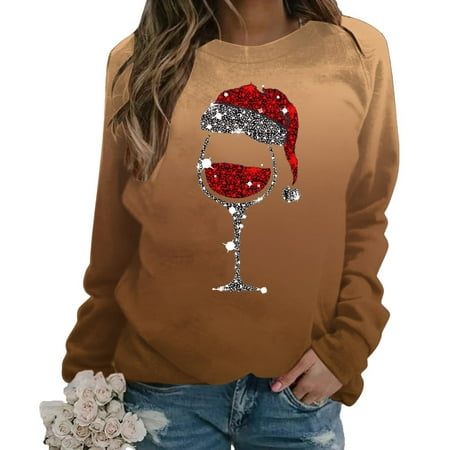 

Muscularfit Long Sleeve Womens Tops Trendy Crew Neck Brown Christmas Tunic Loose Fit Wine Glass Comfortable Shirts for Ladies