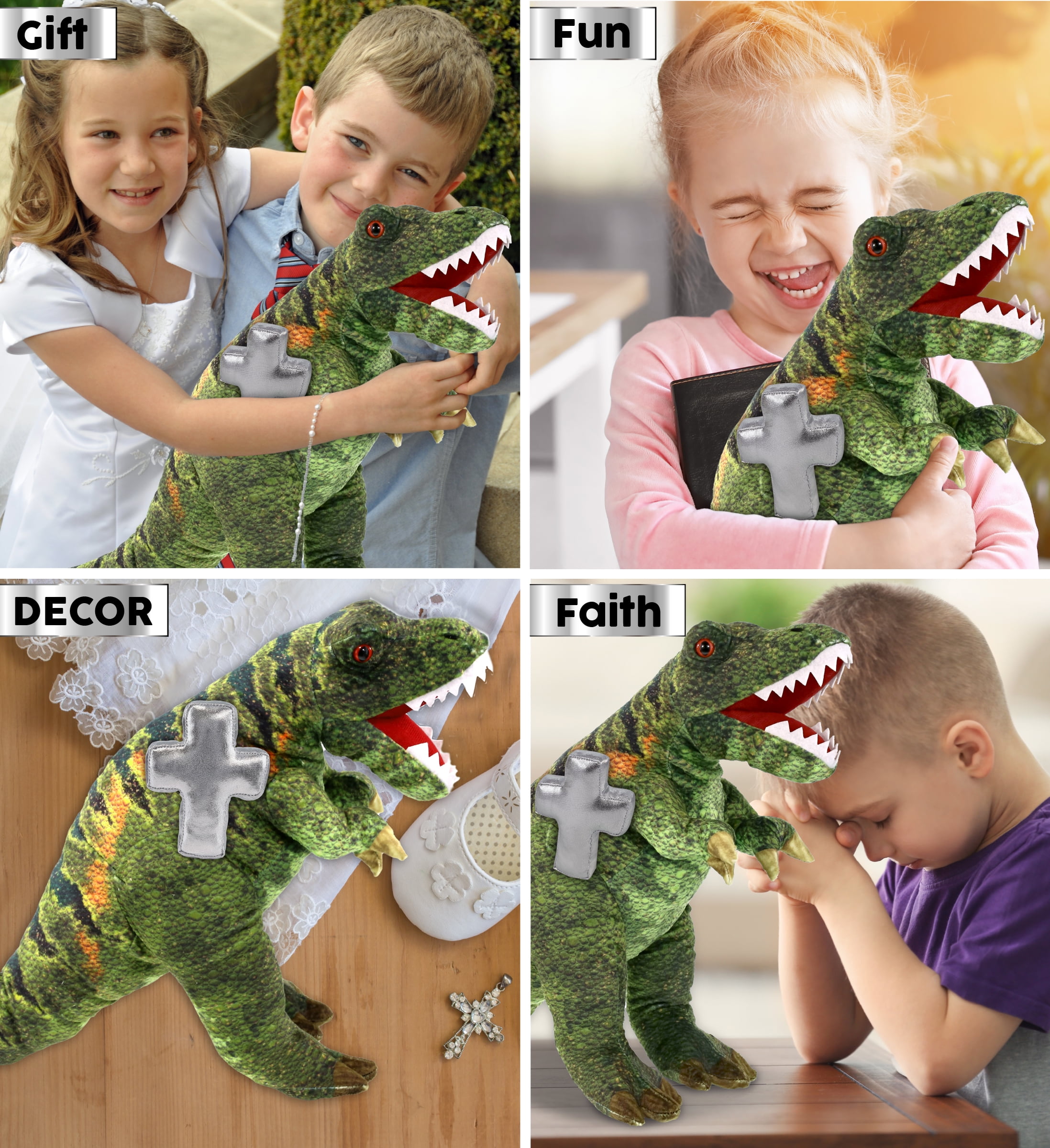 DolliBu Wild Collection T-Rex Dinosaur Stuffed Animal with Silver Cross Plush - Baptism Gifts for Boys and Girls, Dedication Christening Gifts Plush Prayer Toy Healing Stuffed Animal - 16 Inches