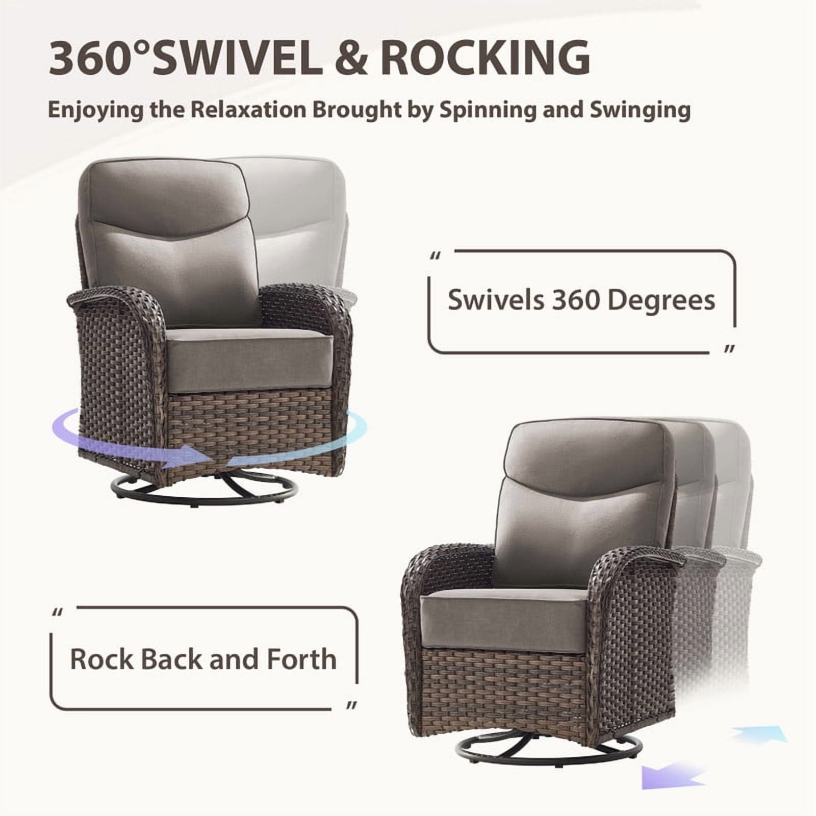 Giantfurnni 3-Piece Patio Wicker Swivel Rocking Chairs with Side Table Outdoor Rattan Conversation Furniture Patio Bistro Set with 6" Thick Cushions for Porch Garden Deck, Gray