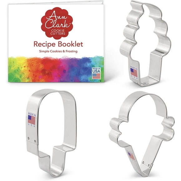 3-Piece Ice Cream Cookie Cutter Set with Recipe Booklet, Popsicle, Hard and Soft Serve Ice Cream Cone