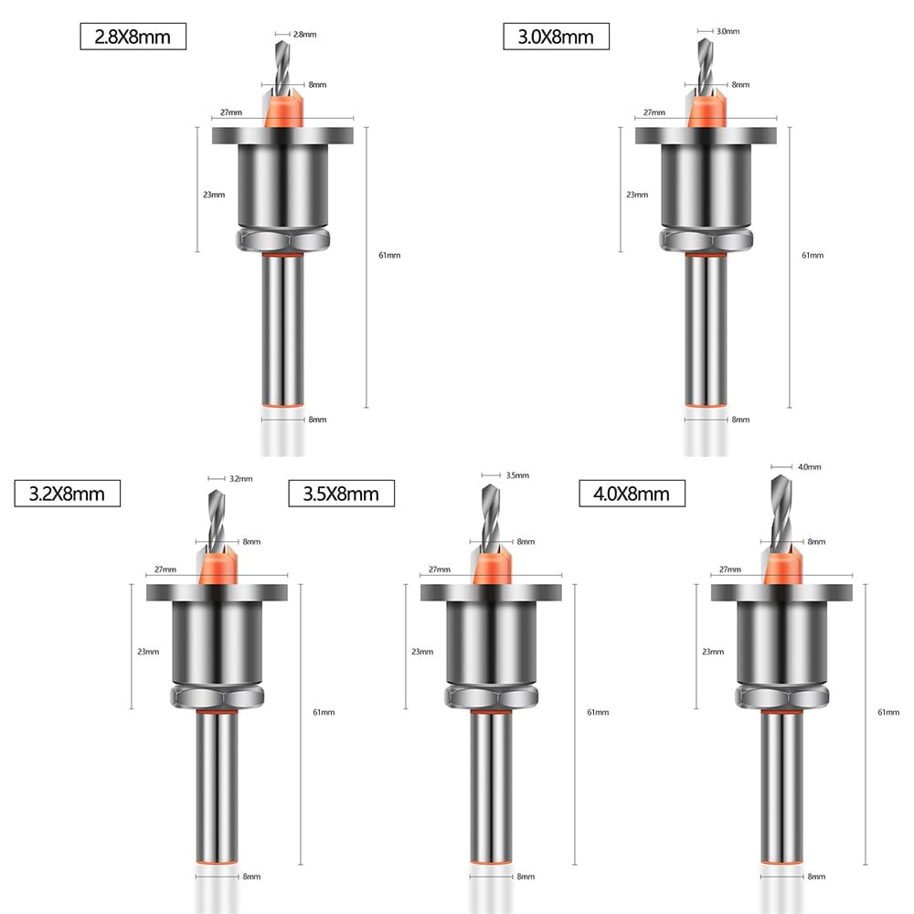 5PCS 8mm Shank Drill Bit Set with 2.8-4mm Adjustable Countersink and Limit Stop Alloy Head