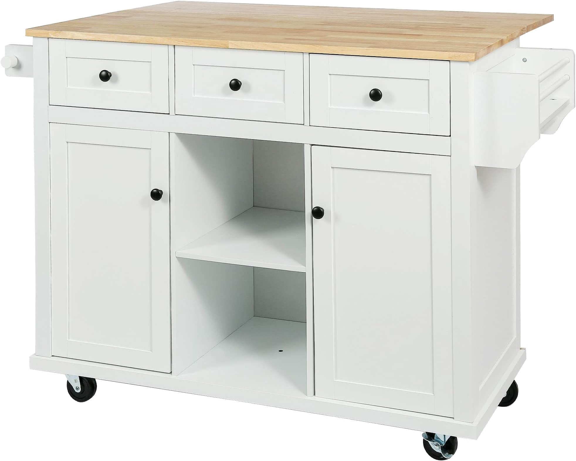 JESTOP Rolling Kitchen Island with 3 Drawers and 2 Cabinets, Kitchen Cart on Wheels with Drop Leaf, Wood Portable Trolley Island with Cabinet Door Storage Racks, for Dinning Room