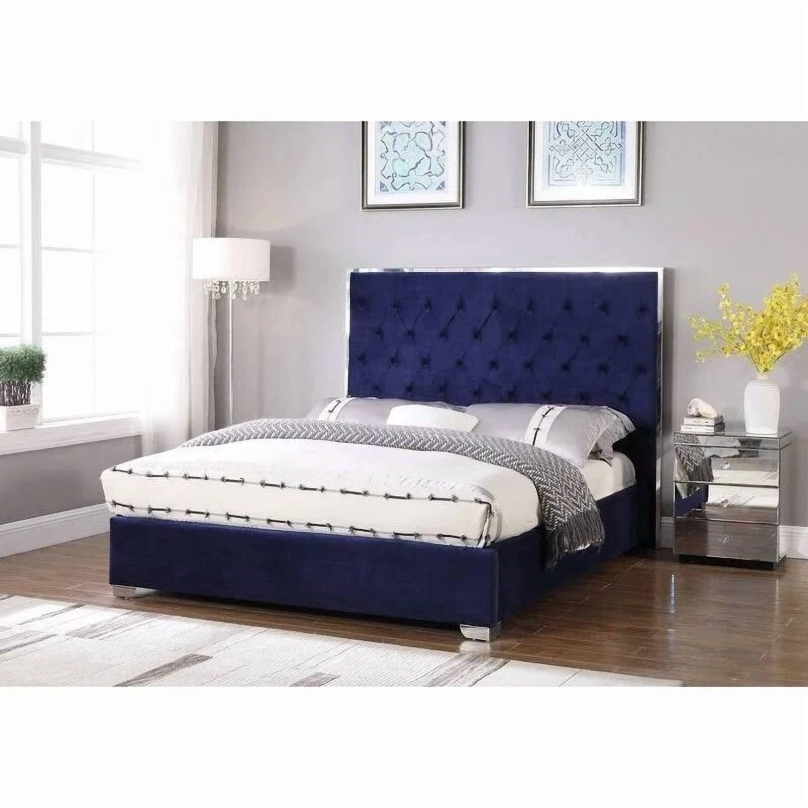 Velvet Upholstered California King Size Platform Bed Frame, Tufted Headboard Chrome Finish Accent Bedroom Furniture, Blue