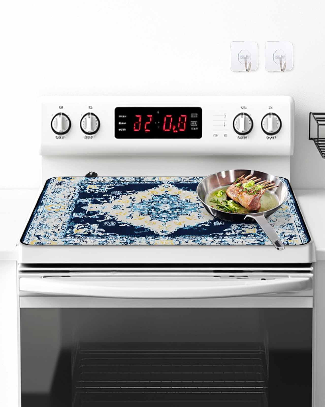 Stove Top Covers for Electric Stove, Vintage Ethnic Glass Stovetop Cover Protector, Boho Tribes Modern Blue Middle Century Induction Cooktop Protector Oven Mat for Kitchen Countertop 28.5"x20.5"