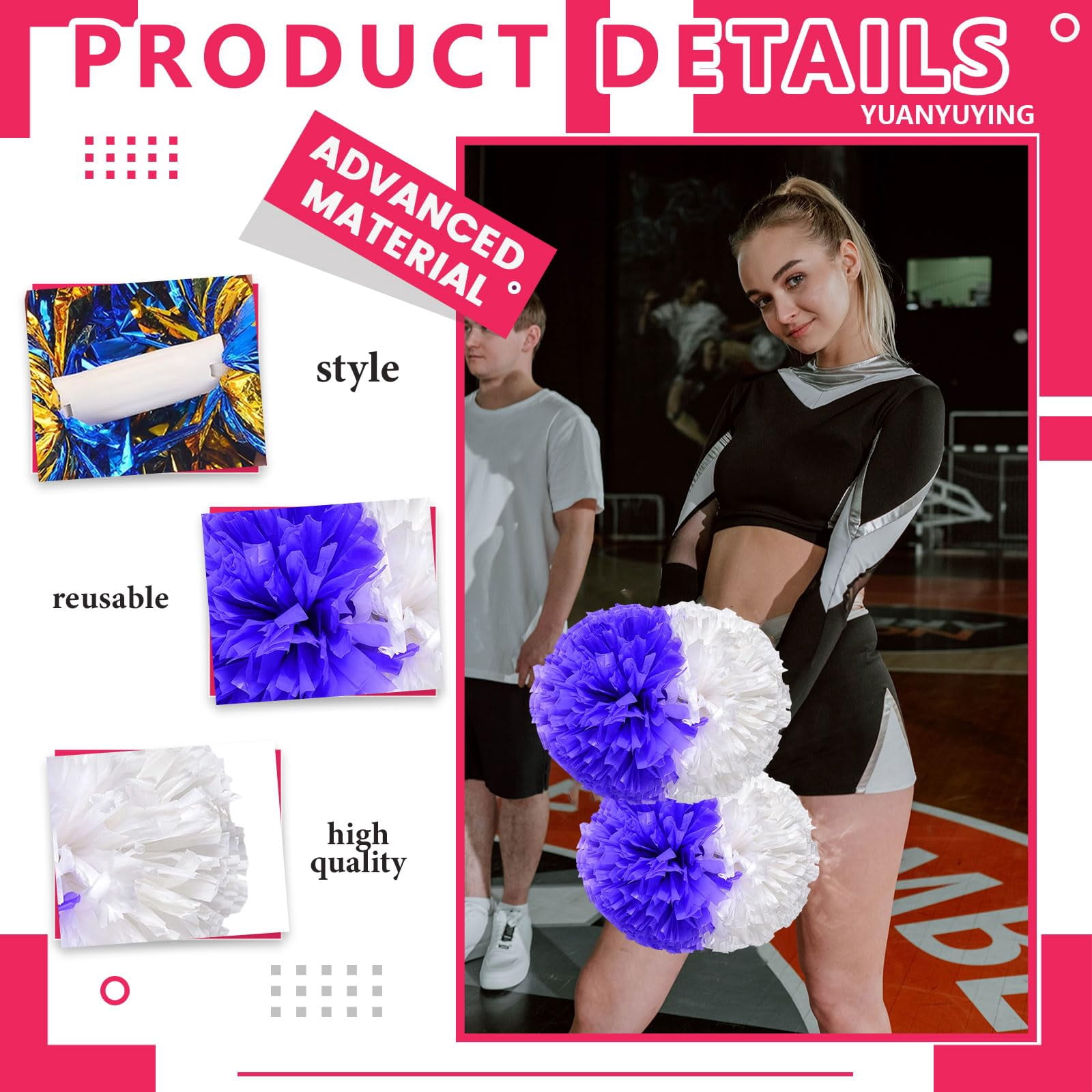 Cheer Pom Poms 8 Pcs with Handle, Cheerleading Handheld Squad Pompoms for Sports Team Cheer Spirit Games Dance Party Adults
