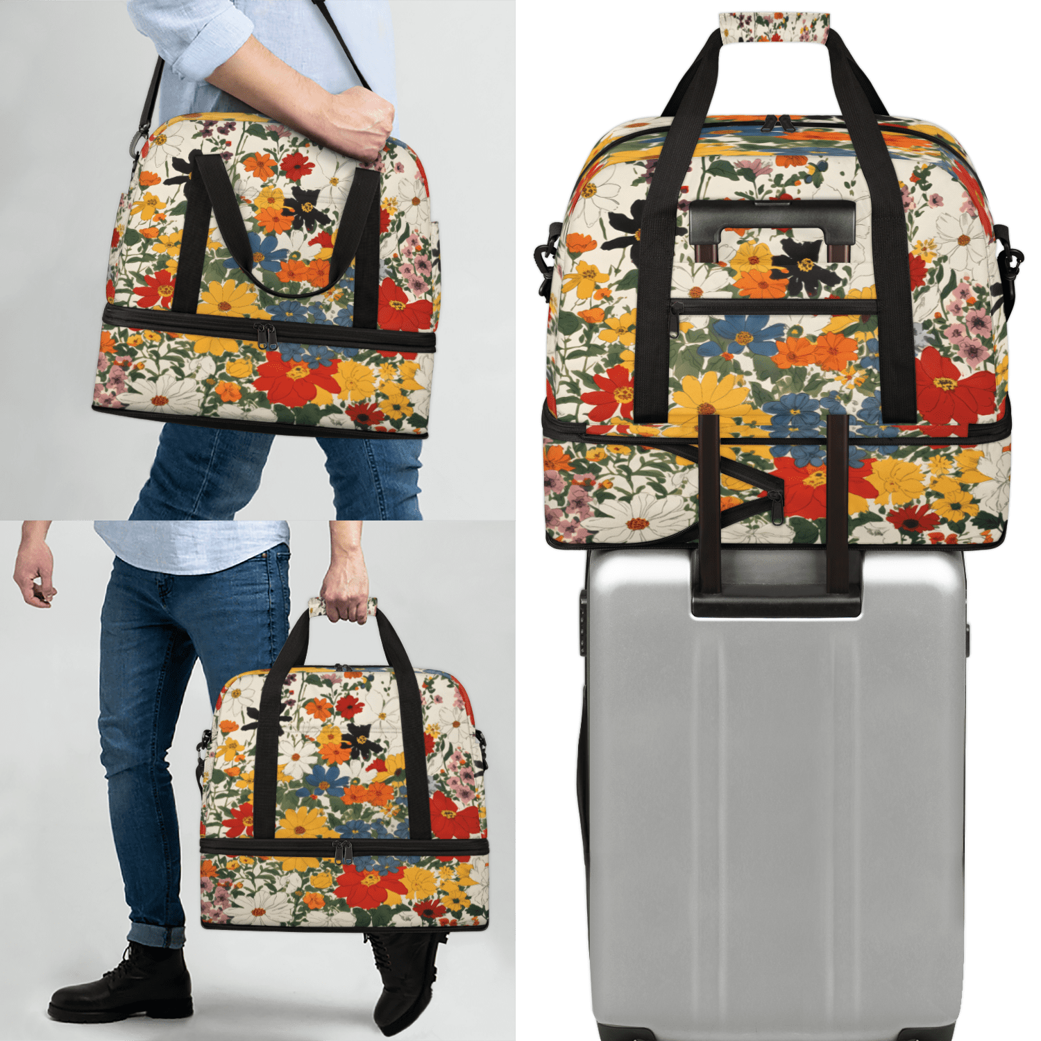 Herdesigns Boho Floral Foldable Travel Duffle Bag for Women and Men Lightweight Carry On Overnight Bag Watercolor Wild Flowers Gym Luggage Weekender Bags with Shoe Compartment