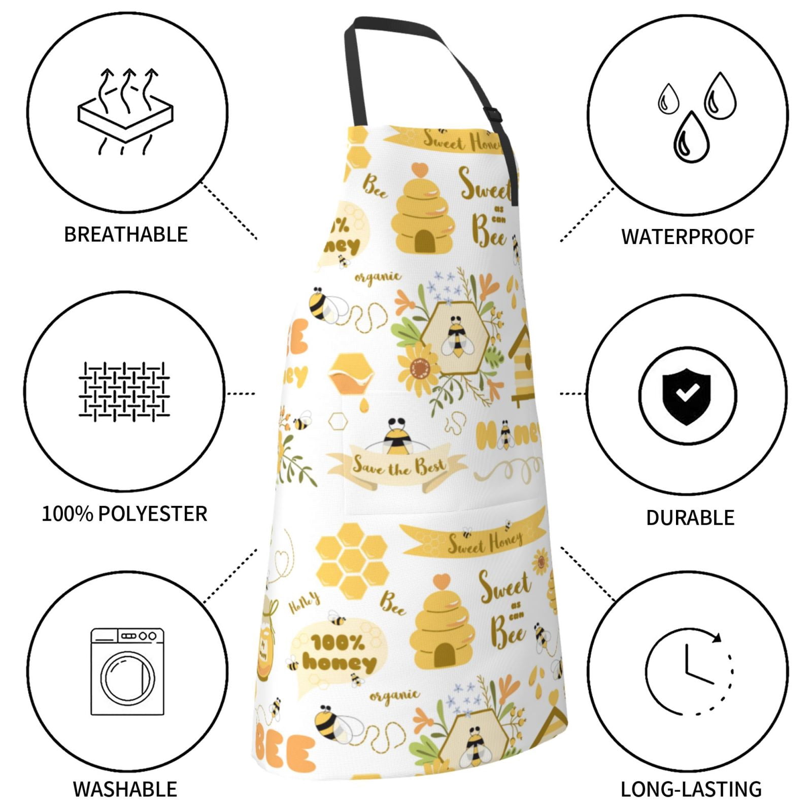Kdxio Farm Bee Cute Honey Apron with Pockets Adjustable Kitchen Aprons for Men Women Waterproof Aprons for Cooking,Drawing,Crafting, Baking Household Cleaning