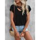 thumbnail image 4 of Top de manga de pétalo para mujer, camiseta informal con cuello en V, color liso, elegante, holgada, camiseta básica de verano, color negro M, 4 of 7