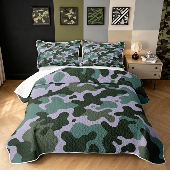 Manfei Retro Camouflage Twin Quilt Set, Mid Century Camo Twin Coverlet Set, Gray Green, 2 Pieces, 1 Bedspread and 1 Pillowcase