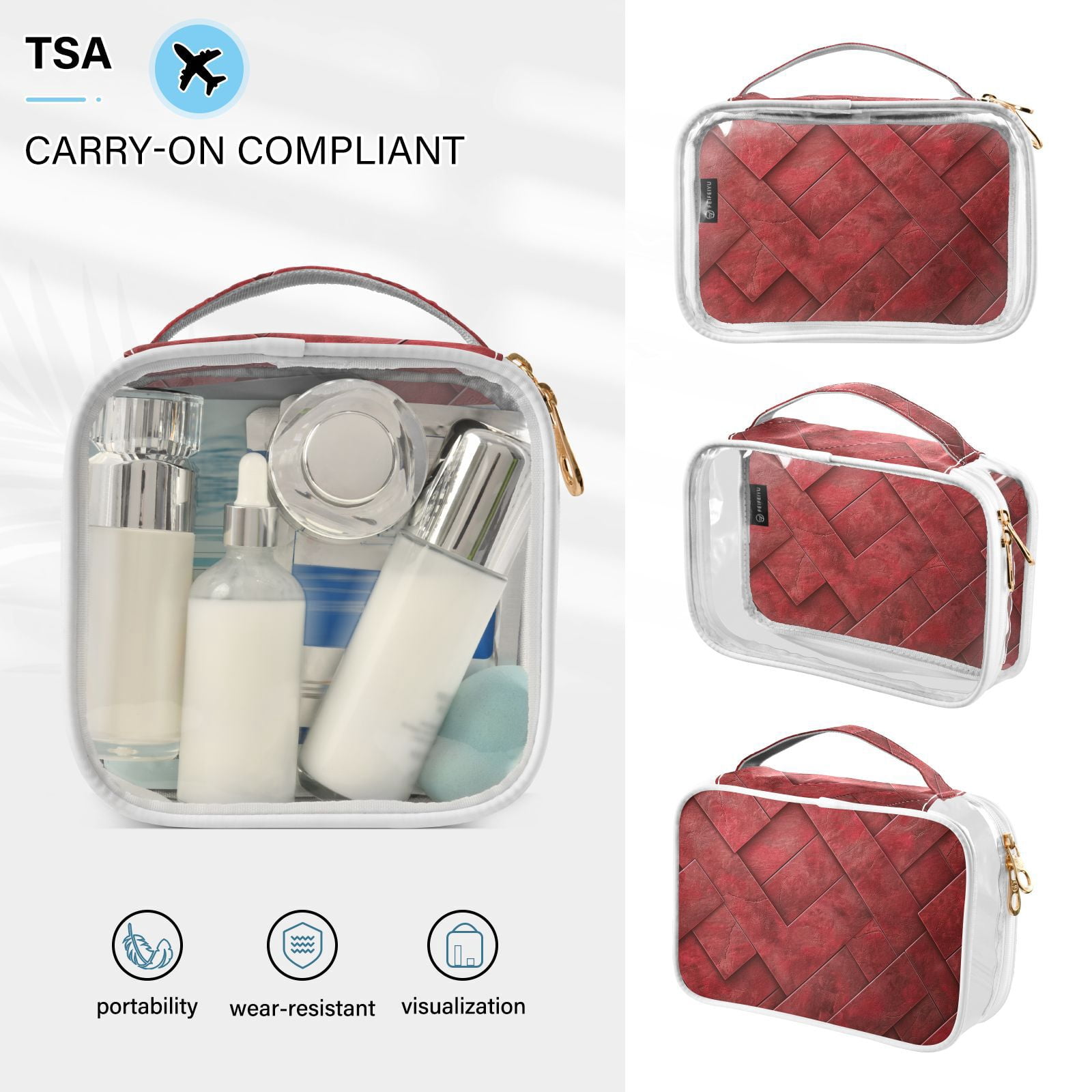 Clear Makeup Bags with Handle Large Opening 2 Pack Set Toiletry Bag Quart Size Bag, for Women Man Traveling Travel Essentials, Toiletries and Other. Red Leather Pattern Mix