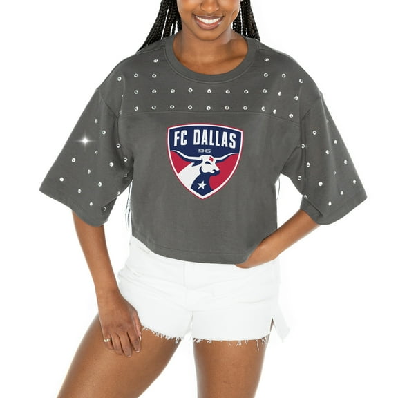 Women's Gameday Couture  Gray FC Dallas Making Moves Rhinestone Cropped Oversized Half Sleeve-T-Shirt