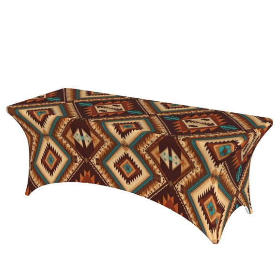 Modern Tribal Textile Print Stretch Rectangular Table Cover 6FT Elastic Fitted Tablecloth for Parties, Weddings, Banquets