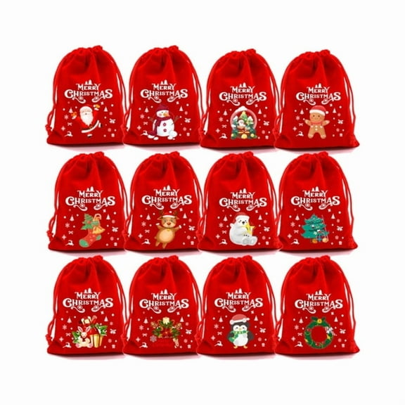 Pack Of 12 Soft Velvet Christmas Gift Bags For Holiday Celebrations And Party Favors, Drawstring Pouches In Festive Red