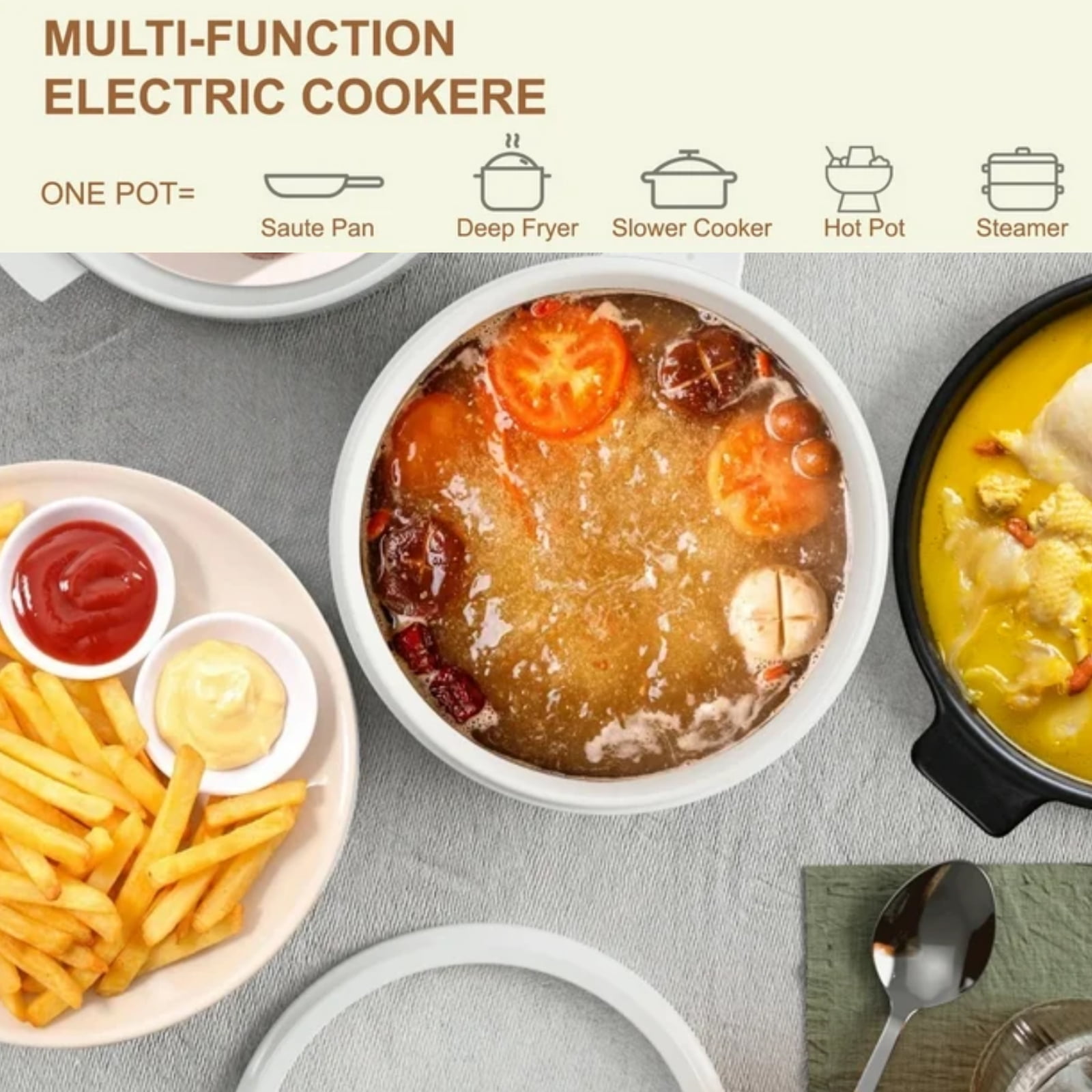 Electric Hot Pot with Steamer, 2L Ceramic Glaze Non-stick Mini Electric Pot, Portable Electric Hot Pot for for Steak, Egg, Fried Rice, Ramen, Oatmeal, Soup with Dual Power Control,White