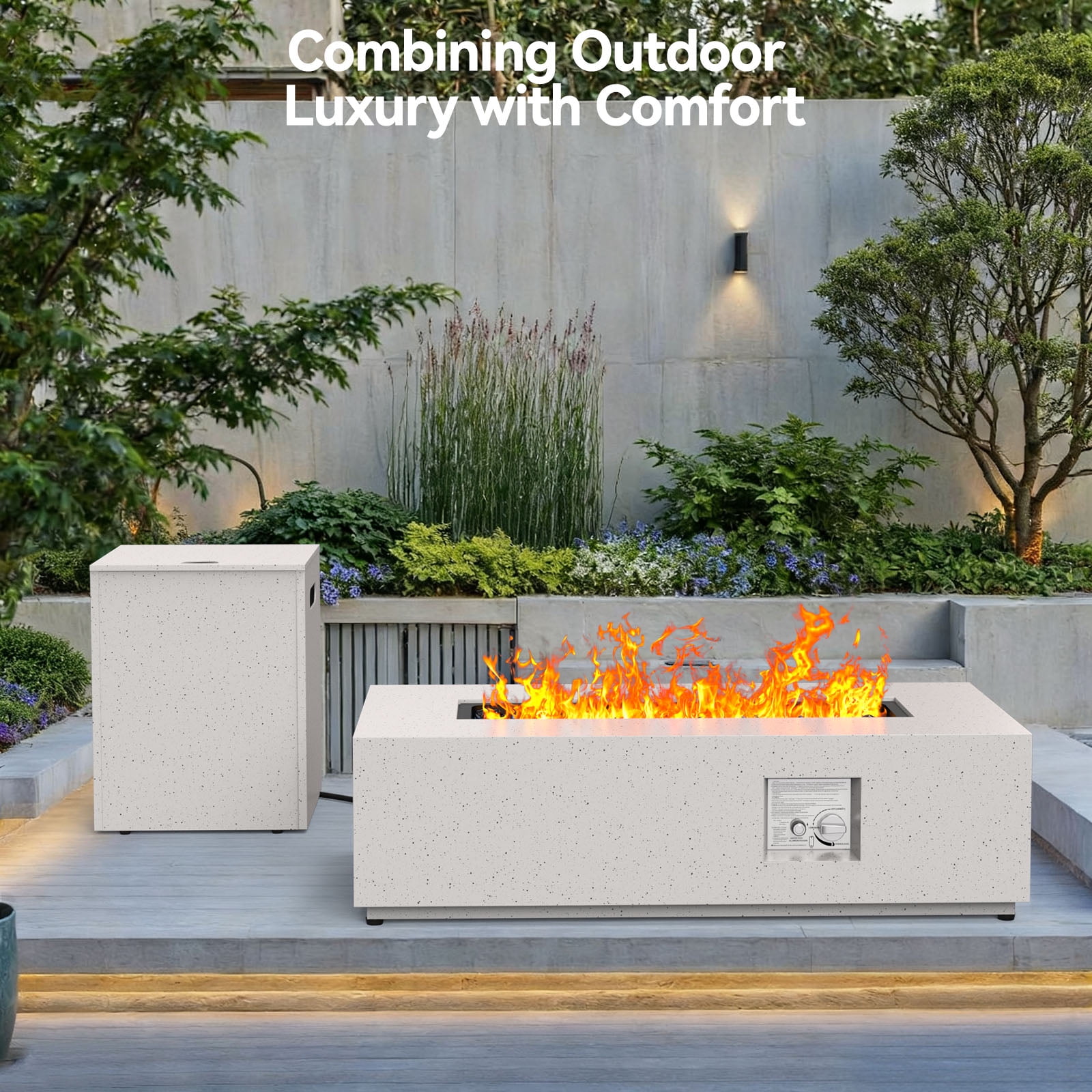CHITOOMA 43" Propane Fire Pit with Side Table, 50,000 BTU Outdoor Gas Fire Pit with Glass Rocks, Fire Pit Table with Waterproof Cover, CSA Certification & Adjustable Legs for Patio, Backyard