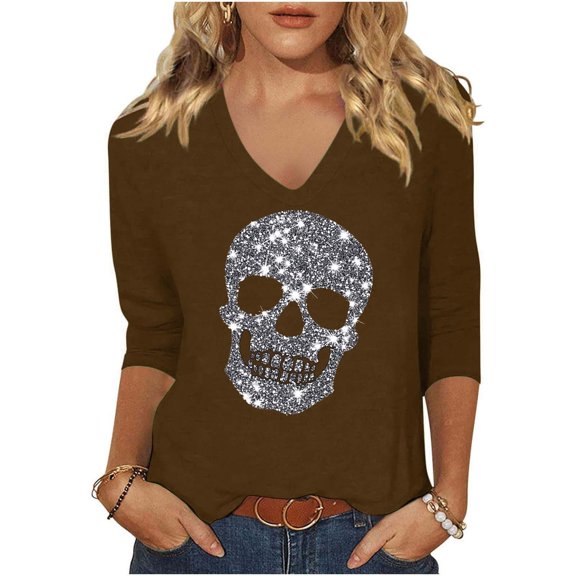 aohooy Halloween Womens Tops Loose 3/4 Sleeve Funny Graphic T-Shirts Casual V Neck Skull Printed Tunic Tops Brown,XXXXL