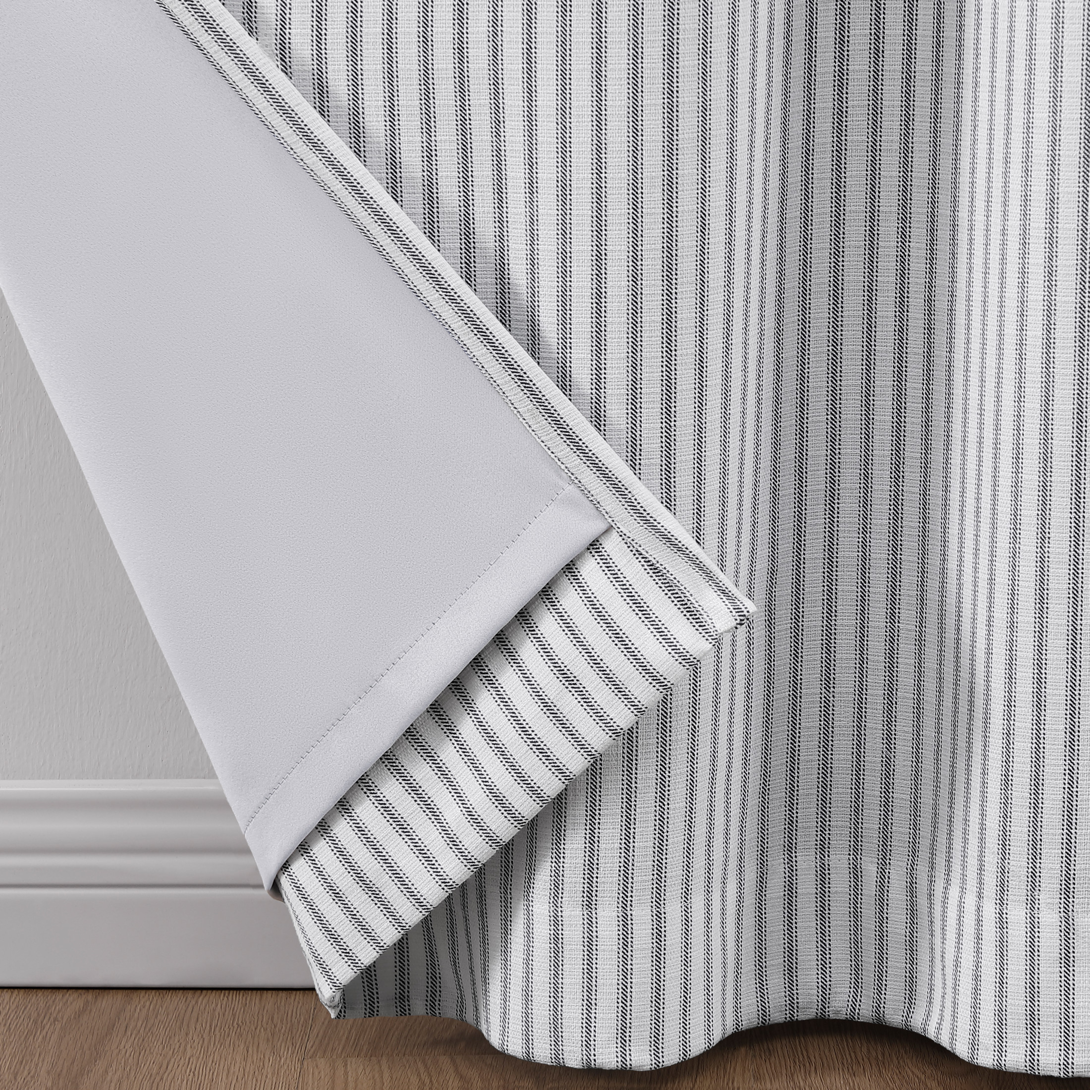 Martha Stewart Ticking Stripe Curtain Panel Pair, Grey, Poletop, Back Tab, Blackout, Indoor, 2 Piece Set, Adult, 50" x 84"