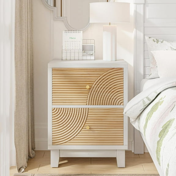 2-Drawer Farmhouse Nightstand, Mid Century Nightstand Fully Assembled with Handcrafted Wood Ring Pattern for Boho, Mid-Century, Rustic Style, White