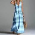 thumbnail image 5 of Makaor Summer Linen Dresses for Women A Line Button Maxi Dresses Plus Size Sleeveless Dress Gingham V Neck Beach Vacation Clothes with Pockets Blue 2XL, 5 of 7